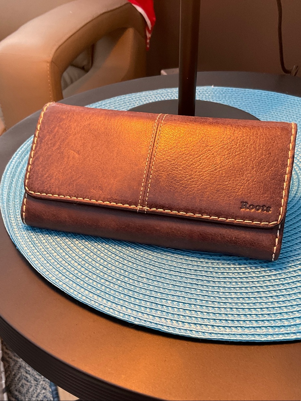 Roots purple Leather Trifold Wallet with Contrast Stitching